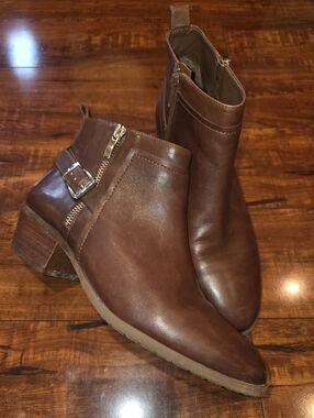 Alex Marie Brown Leather Ankle Booties with Side Zip and Buckle Accent